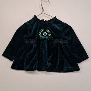 Vintage Sesame Street Velvet Baby Dress Cookie Monster Embroidered Green 12M